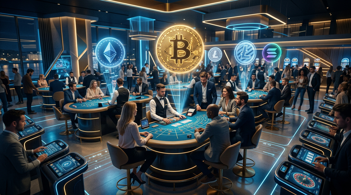 Futuristické digitální krypto kasino s holografickými mincemi